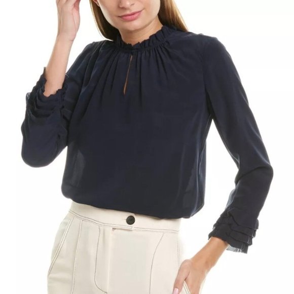 Rebecca Taylor Navy Silk Ruffle Blouse Size 8 - Picture 1 of 3